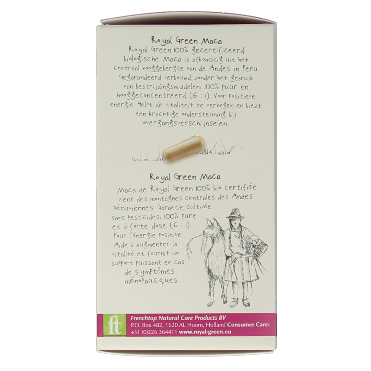 Royal Green Maca bio vegetarian capsules in a bottle, showing the supplement packaging and capsules inside.