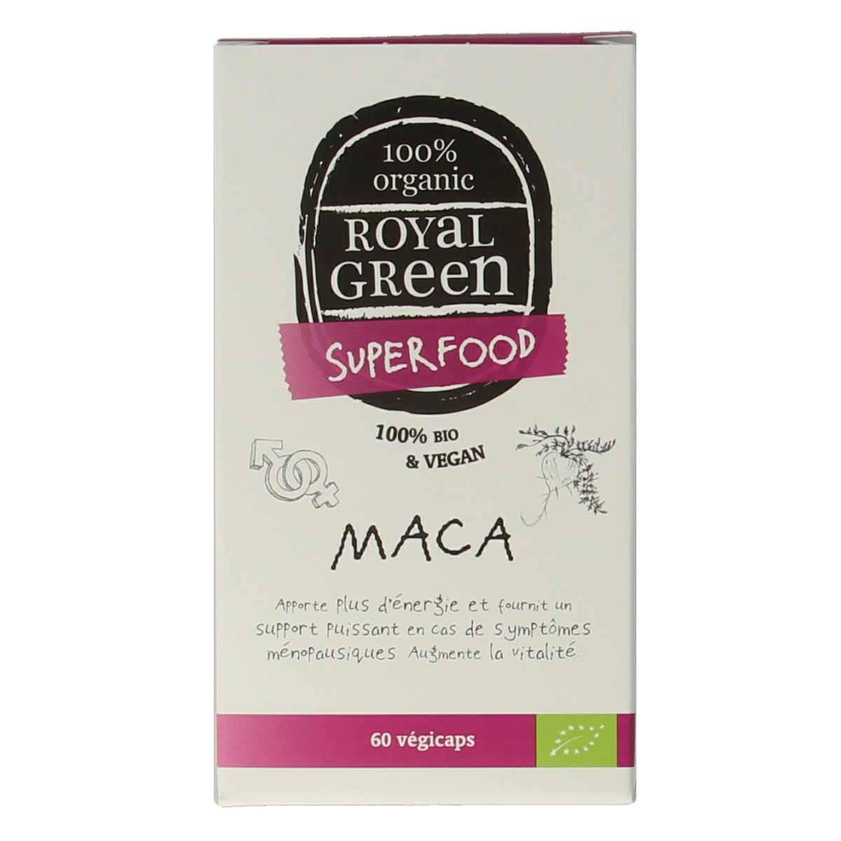 Royal Green Maca bio vegetarian capsules, herbal supplement container with capsules, natural plant-based health product.