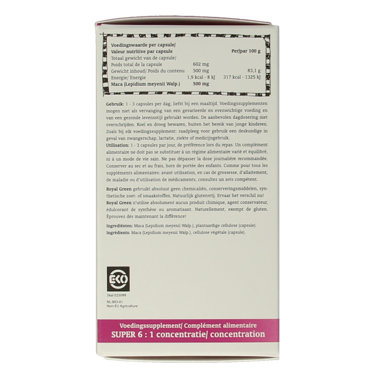 Royal Green Maca bio vegetarian capsules, herbal supplement in a white bottle with green label, displayed on a neutral background.