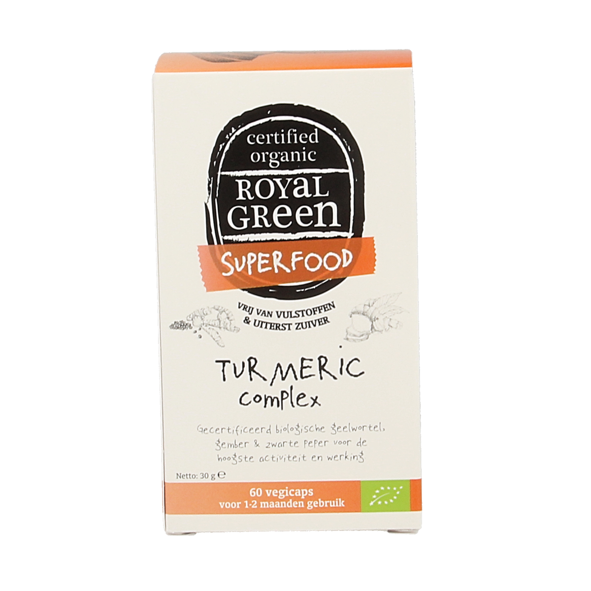 Royal Green Turmeric complex bio vegetarian capsules in a blister pack, herbal supplement for wellness.