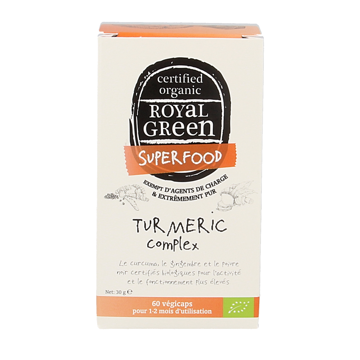 Royal Green Turmeric Complex bio vegetarian capsules, herbal supplement in a clear jar with green label, showing capsules inside.
