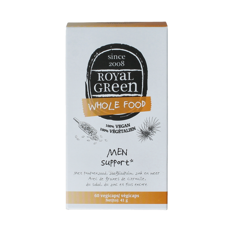 Royal Green Men Support Bio capsules, herbal supplement in a bottle, showing 60 capsules for men's health.