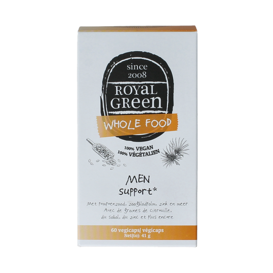 Royal Green Men Support Bio capsules, herbal supplement in a bottle, showing 60 capsules for men's health.