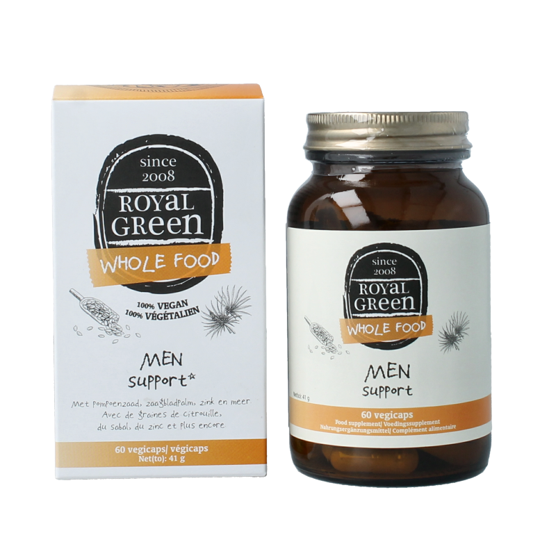 Royal Green Men support bio capsules, herbal supplement in a bottle, designed for men's health and vitality.