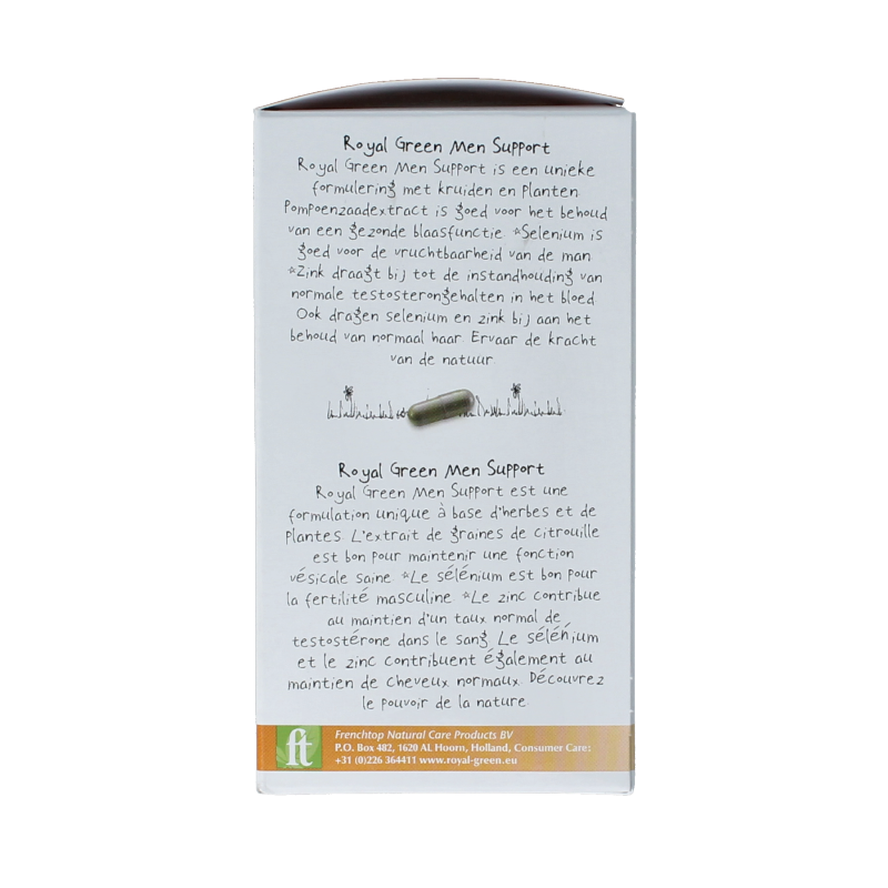 Royal Green Men Support Bio 60 capsules, dietary herbal supplement in a clear bottle with capsules inside.