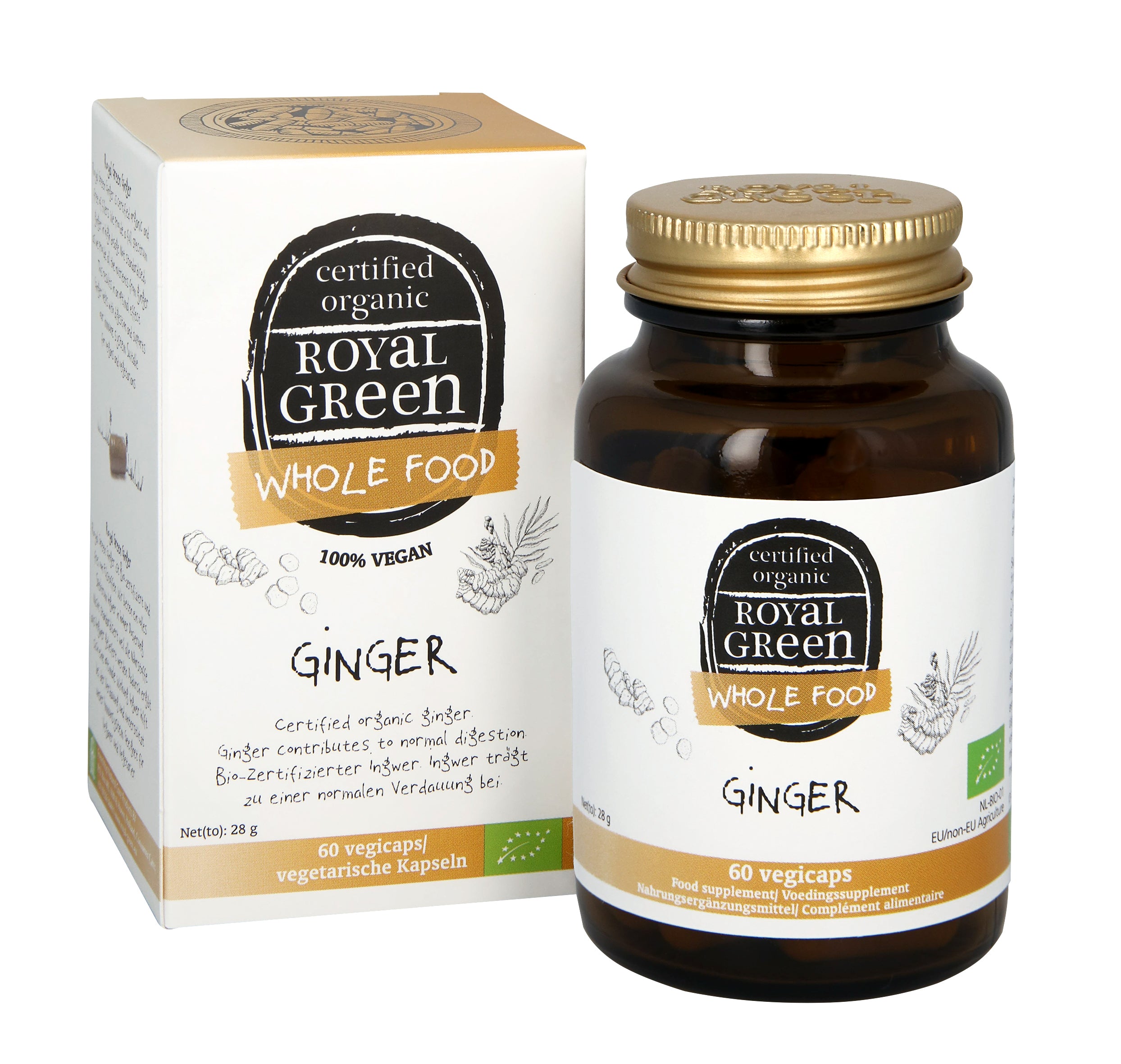 Royal Green Ginger bio herbal capsules in a bottle, vegetarian supplement for digestive health.