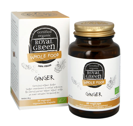 Royal Green Ginger bio herbal capsules in a bottle, vegetarian supplement for digestive health.