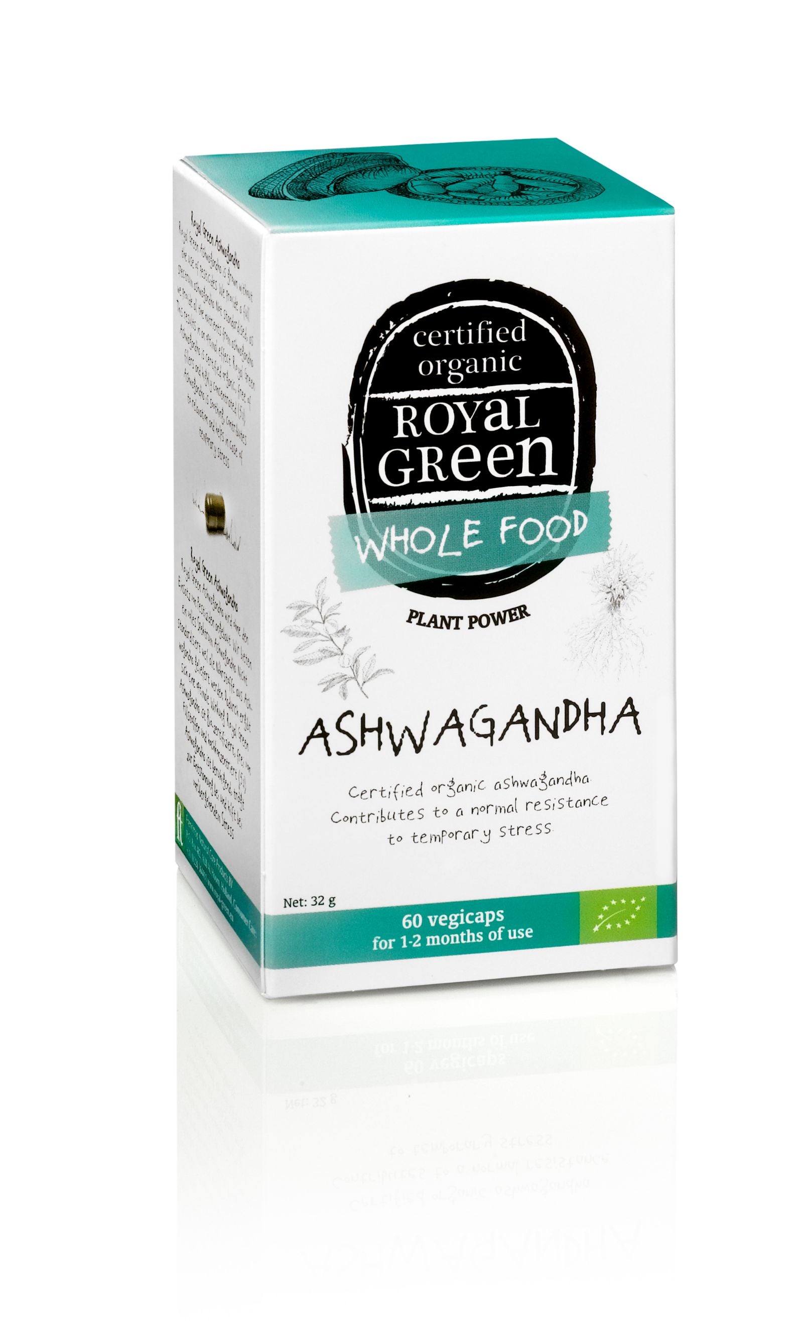 Royal Green Ashwagandha bio vegetarian capsules, herbal supplement in a transparent bottle with white capsules inside.