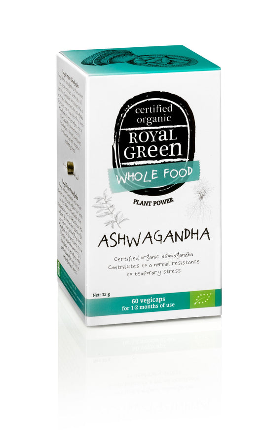 Royal Green Ashwagandha bio vegetarian capsules, herbal supplement in a transparent bottle with white capsules inside.