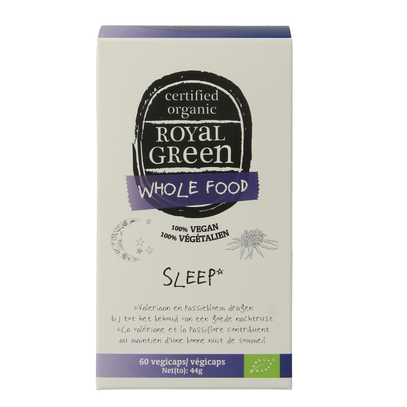Royal Green Sleep bio vegetarian capsules, herbal supplement in a clear bottle with capsules visible inside.