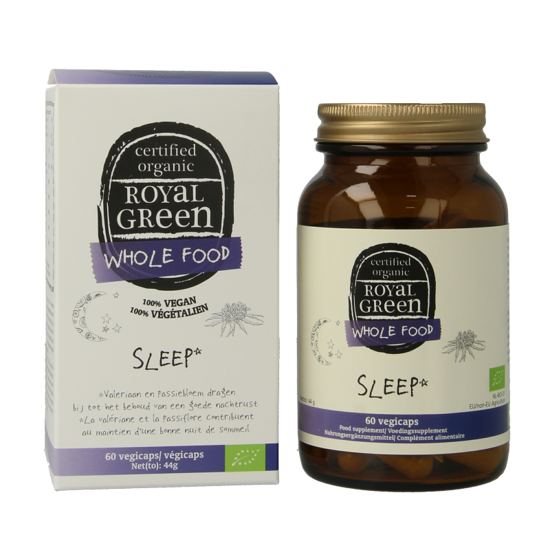 Royal Green Sleep bio vegetarian capsules featuring herbal ingredients for natural sleep support, shown in the product image.