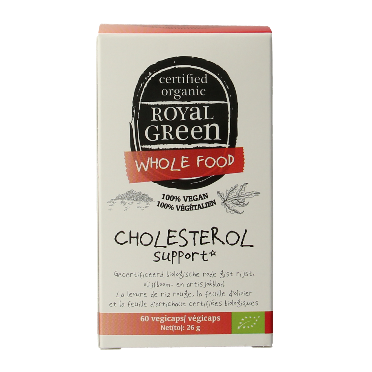 Royal Green Cholesterol Support bio capsules in a bottle, herbal supplement for cardiovascular health, Kruidenpreparaten product.