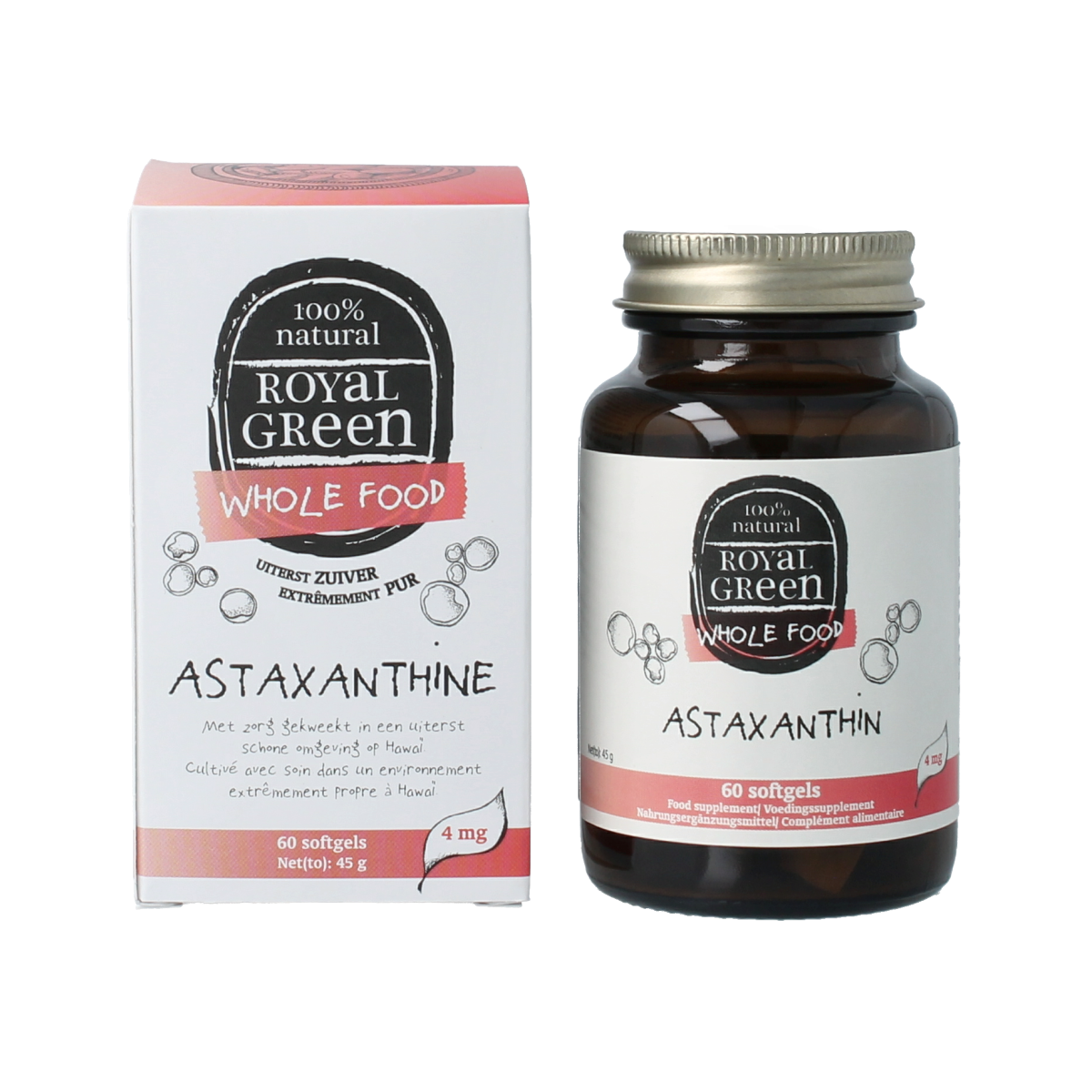 Royal Green Astaxanthine softgels in a bottle, dietary supplement for skin and eye health, herbal product from Royal Green.
