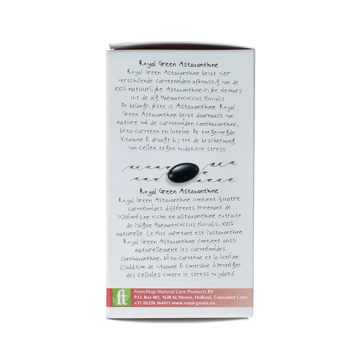 Royal Green Astaxanthine 60 softgels bottle with orange and black label, dietary supplement for antioxidant support.