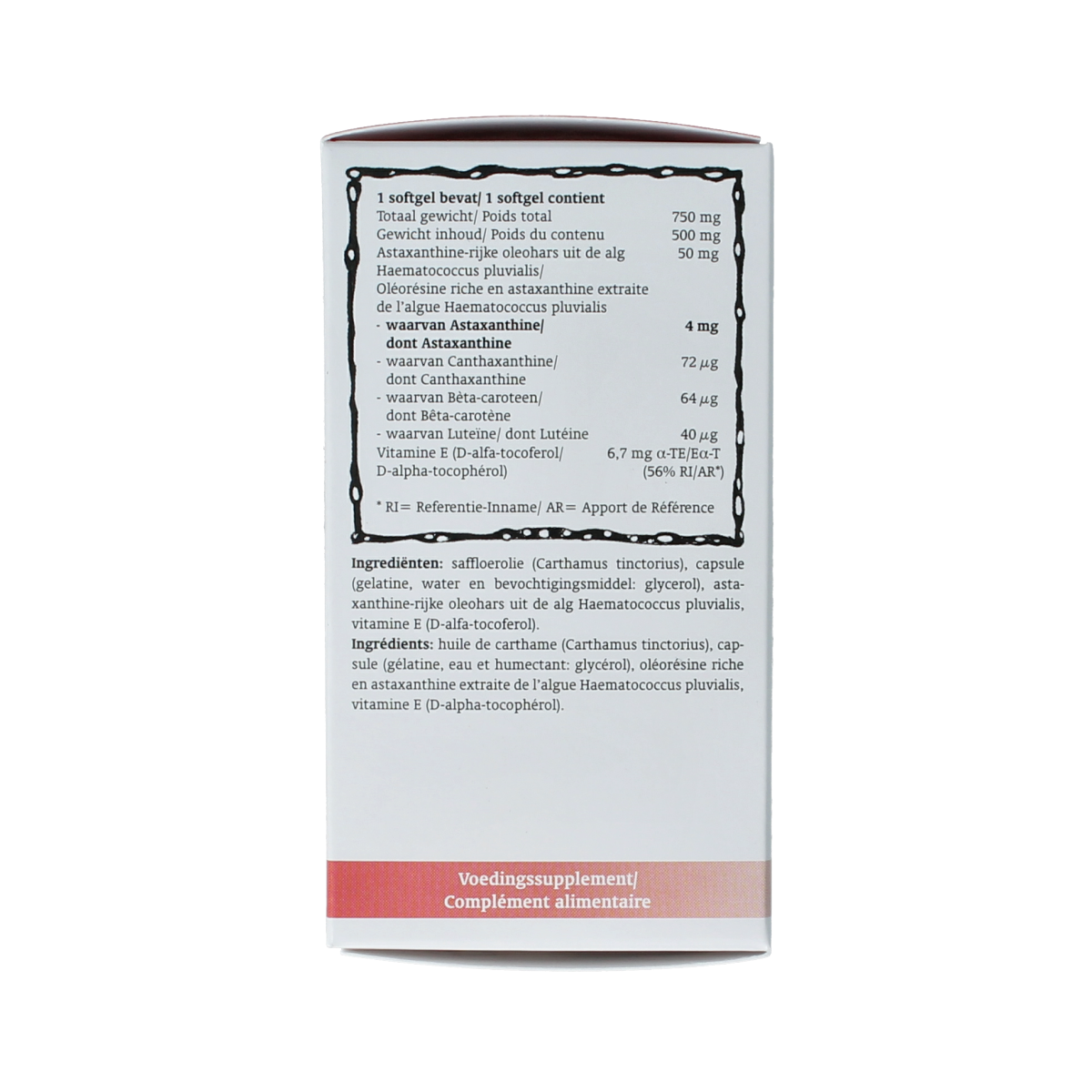 Royal Green Astaxanthine 60 softgels, herbal supplement in a clear bottle with orange and green label.