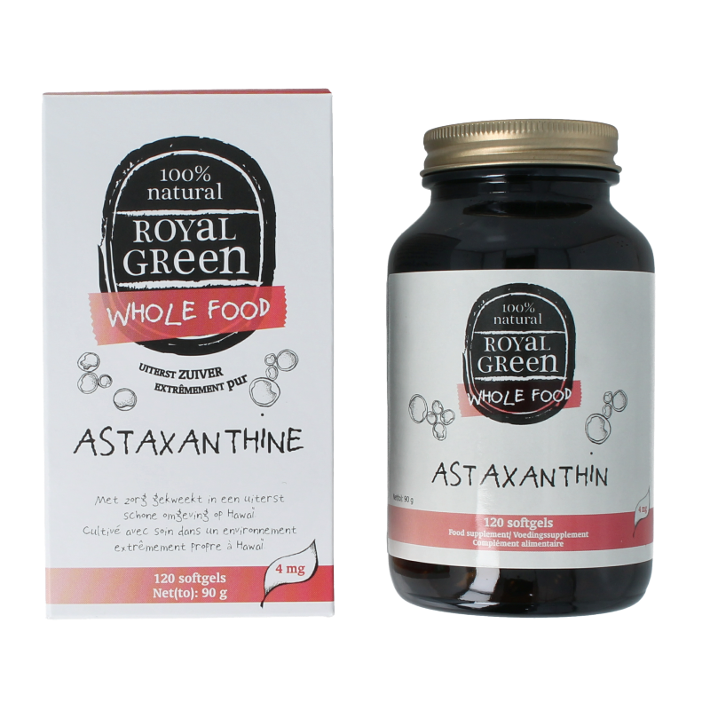 Royal Green Astaxanthine 120 softgels bottle, herbal supplement in orange and white packaging with softgel capsules visible.