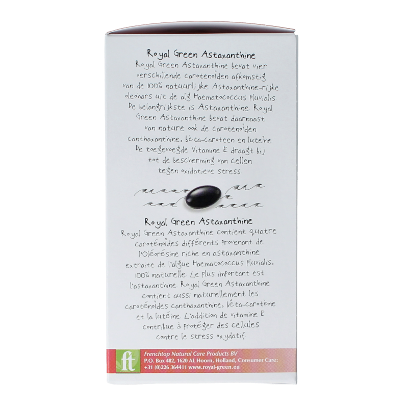 Royal Green Astaxanthine 120 softgels bottle with label, dietary supplement for antioxidant support and skin health.