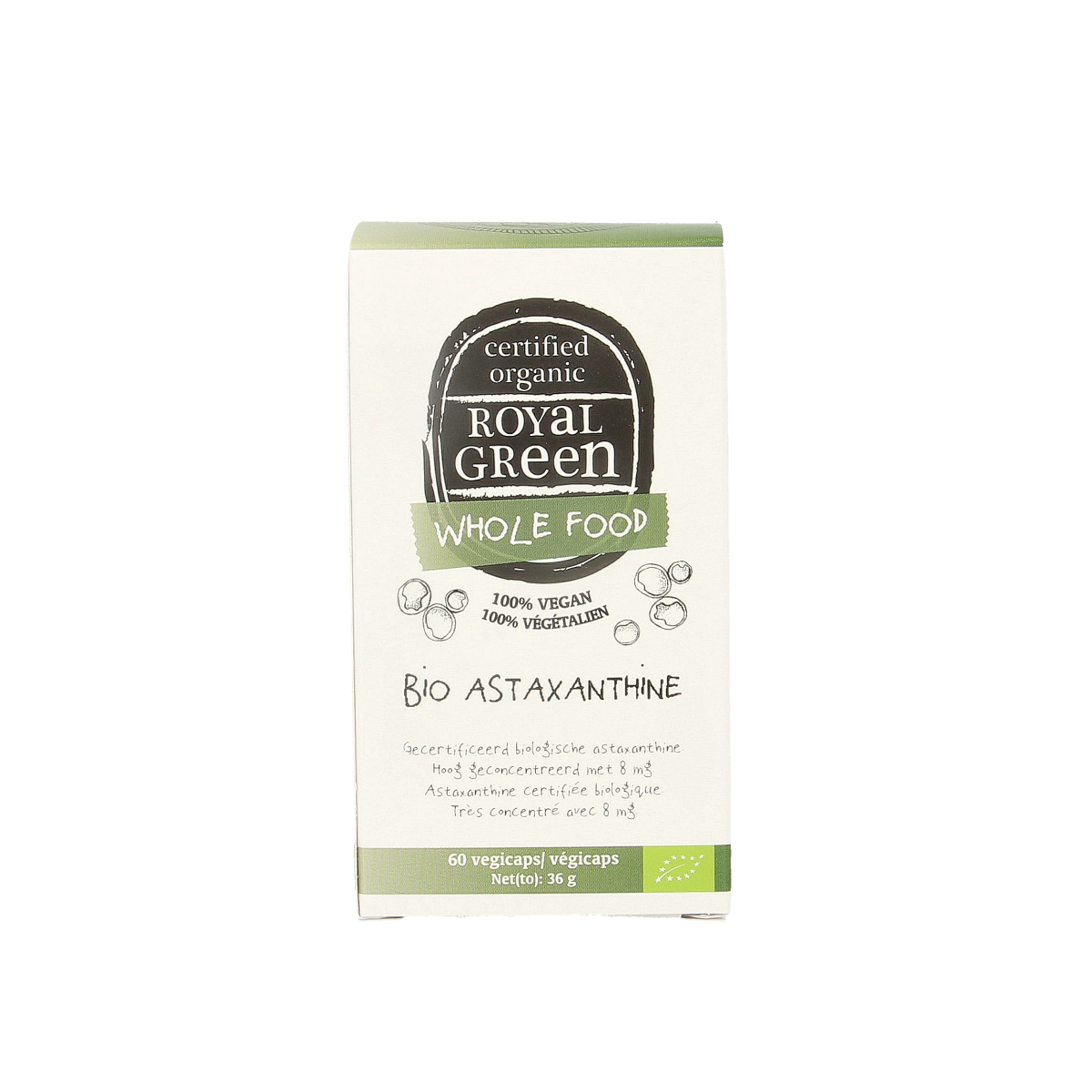 Royal Green Astaxanthine bio vegetarian capsules, herbal supplement bottle with label and capsules visible.
