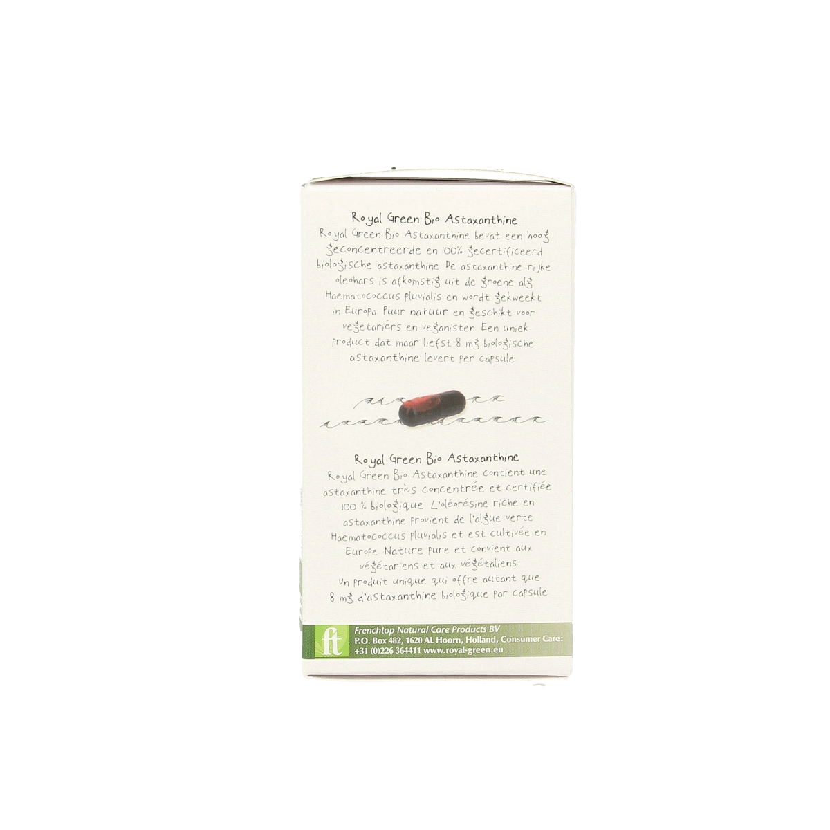 Royal Green Astaxanthine bio vegetarian capsules, herbal supplement in a clear bottle with a label featuring green and red accents.