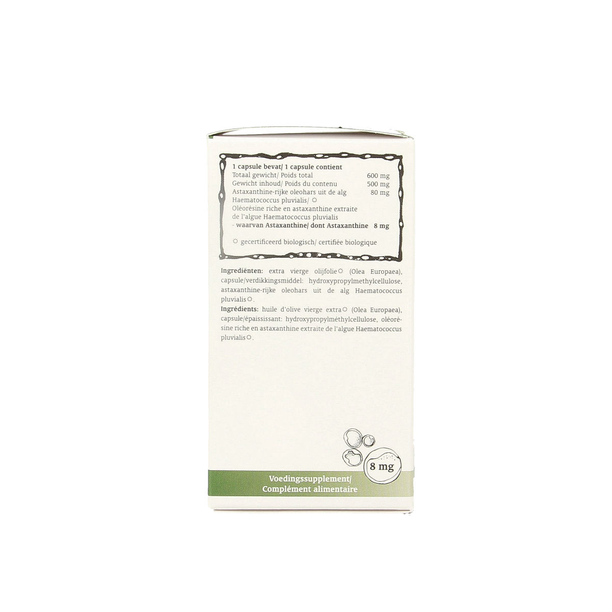 Royal Green Astaxanthine bio vegetarian capsules, herbal supplement in clear bottle with green label, displayed on white background.