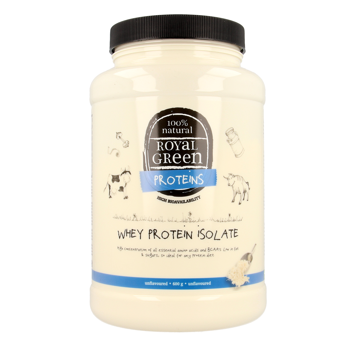 Royal Green Whey Protein Isolate 600g container, herbal supplement, with the product label visible in the image.