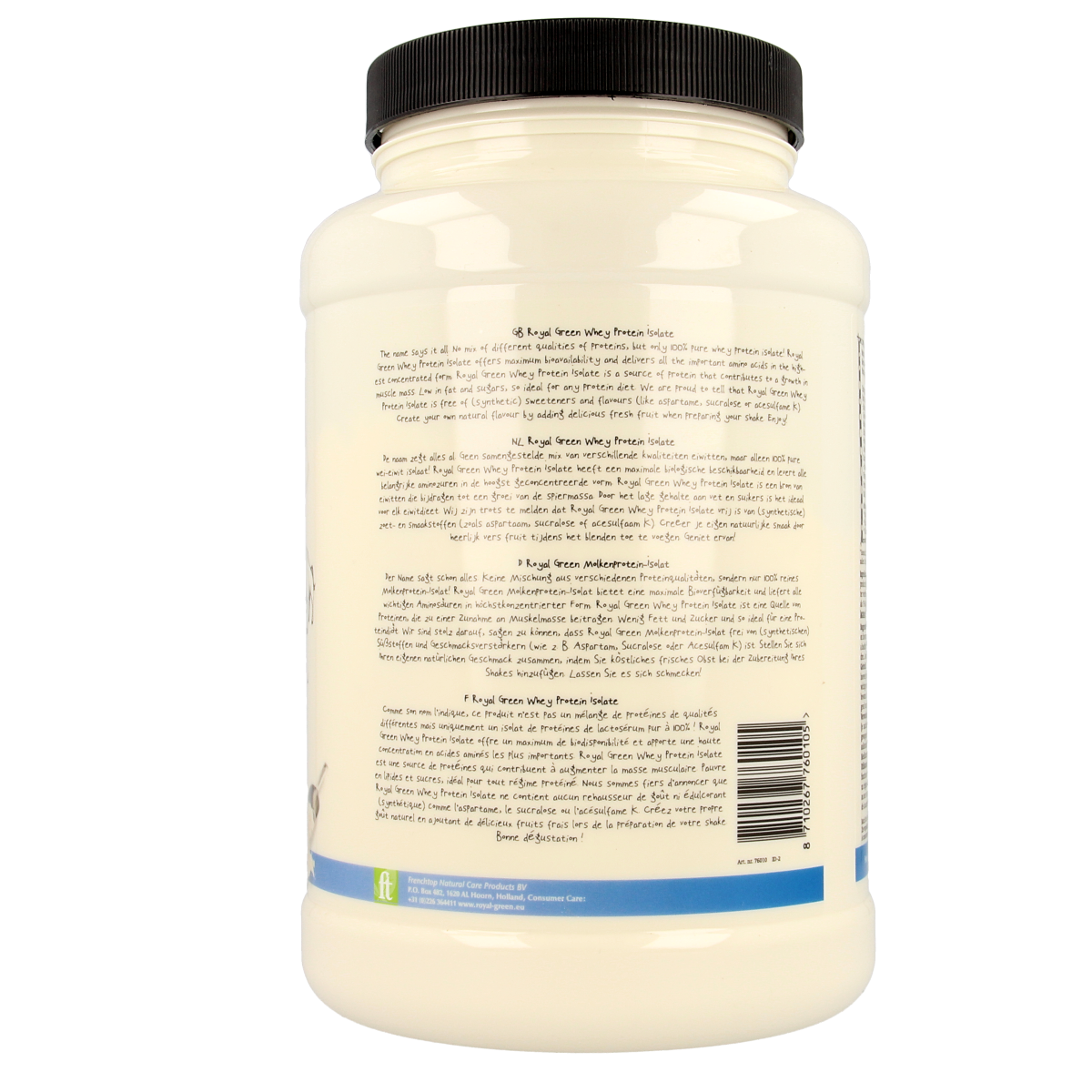 Royal Green Whey Protein Isolate 600g container, a dietary supplement with a label showing product details.
