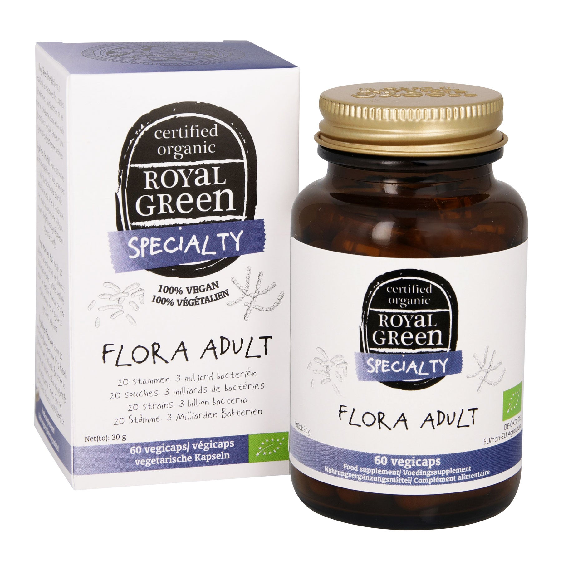 Royal Green Flora adult bio vegetarian capsules containing micro-organisms, shown in a clear container with capsules inside.