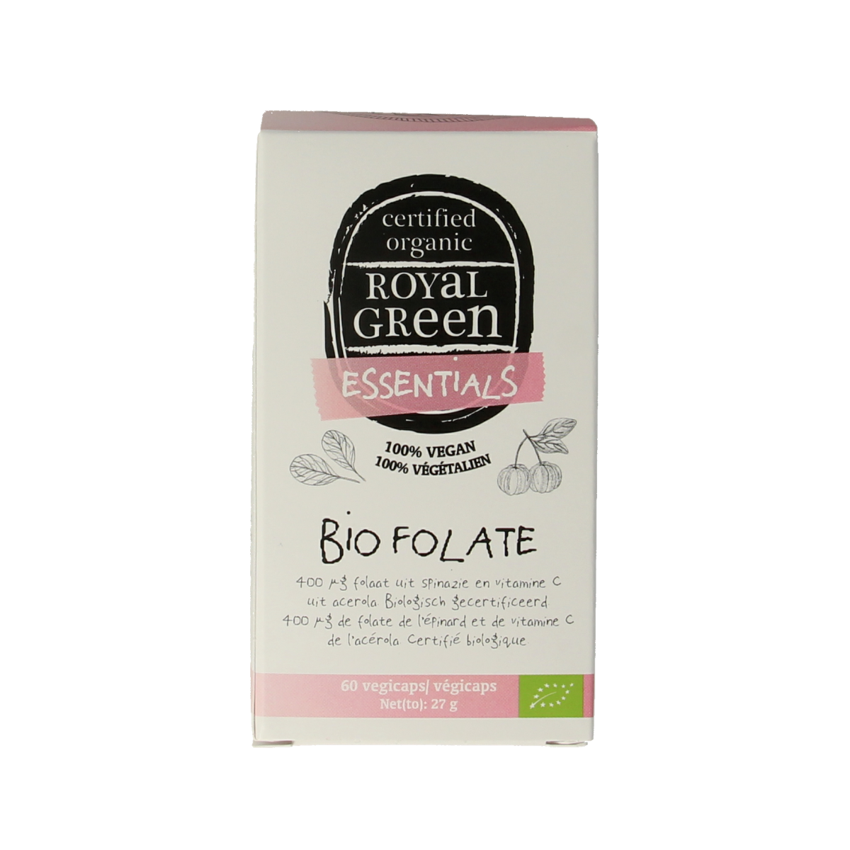 Royal Green Folate bio vegetarian capsules, dietary supplement with 60 capsules, natural vitamin B9 supplement for health.