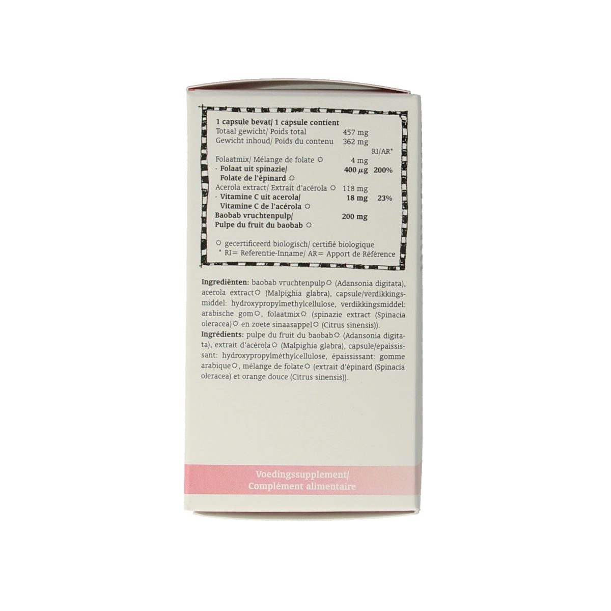Royal Green Folate bio vegetarian capsules, dietary supplement in clear bottle, close-up of capsules and label.