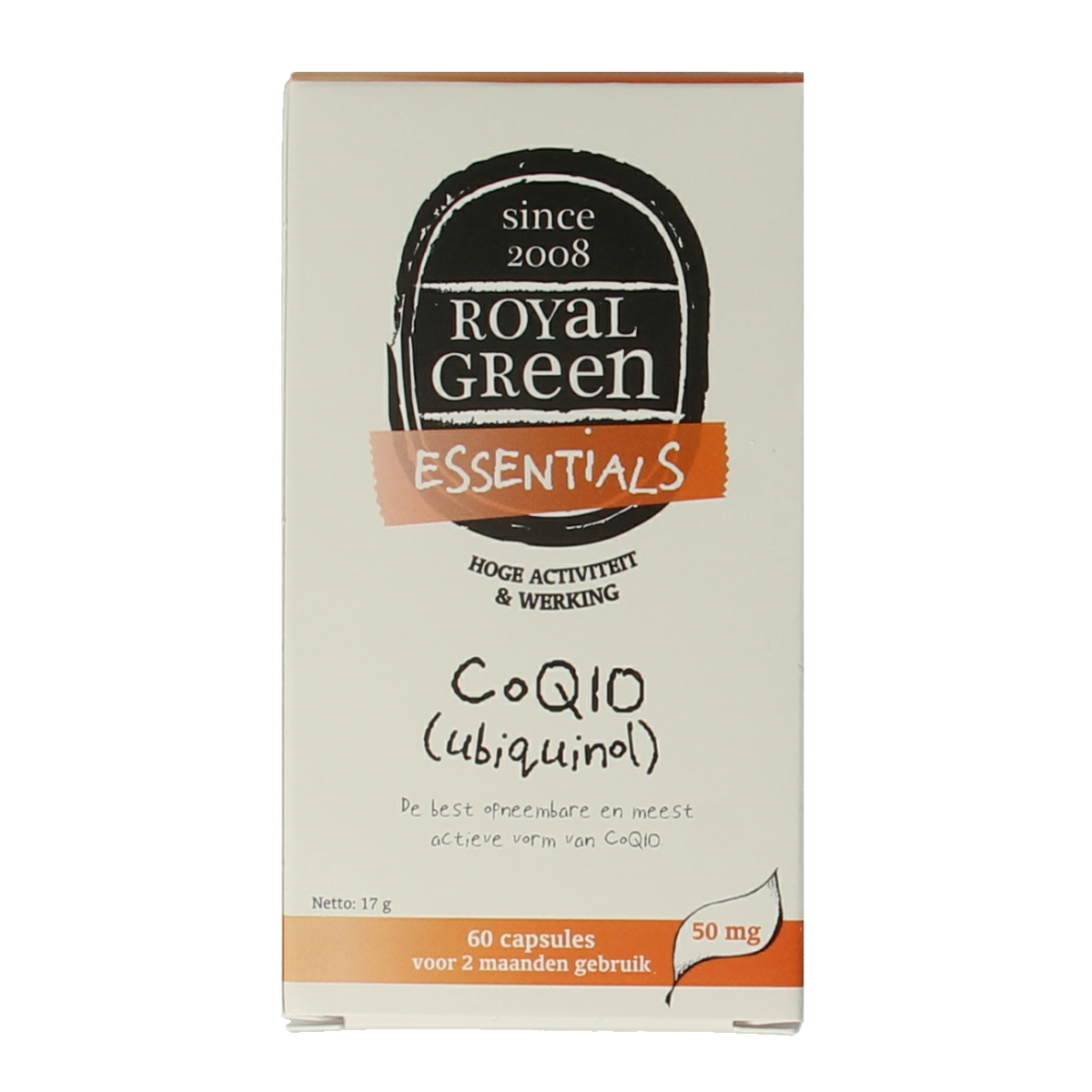 Royal Green Co Q10 Ubiquinol 60 capsules, dietary supplement with mineral blend for energy and antioxidant support.