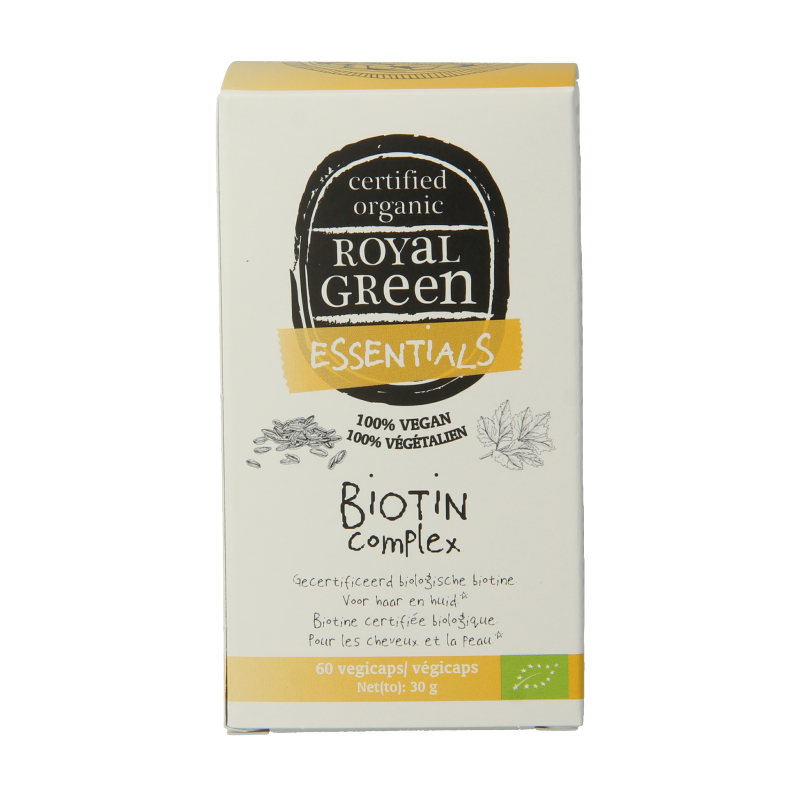 Royal Green Biotine Complex bio vegetarian capsules, 60-count bottle, dietary supplement for healthy hair and skin.