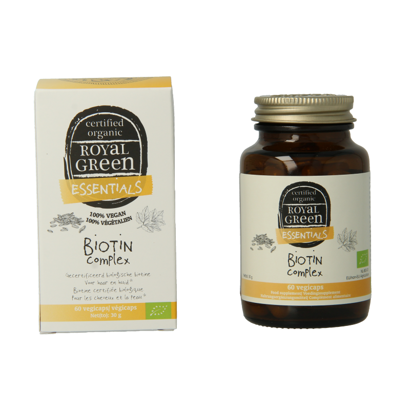Royal Green Biotine Complex bio vegetarian capsules, 60-count, dietary supplement with natural ingredients, designed for hair and skin health.