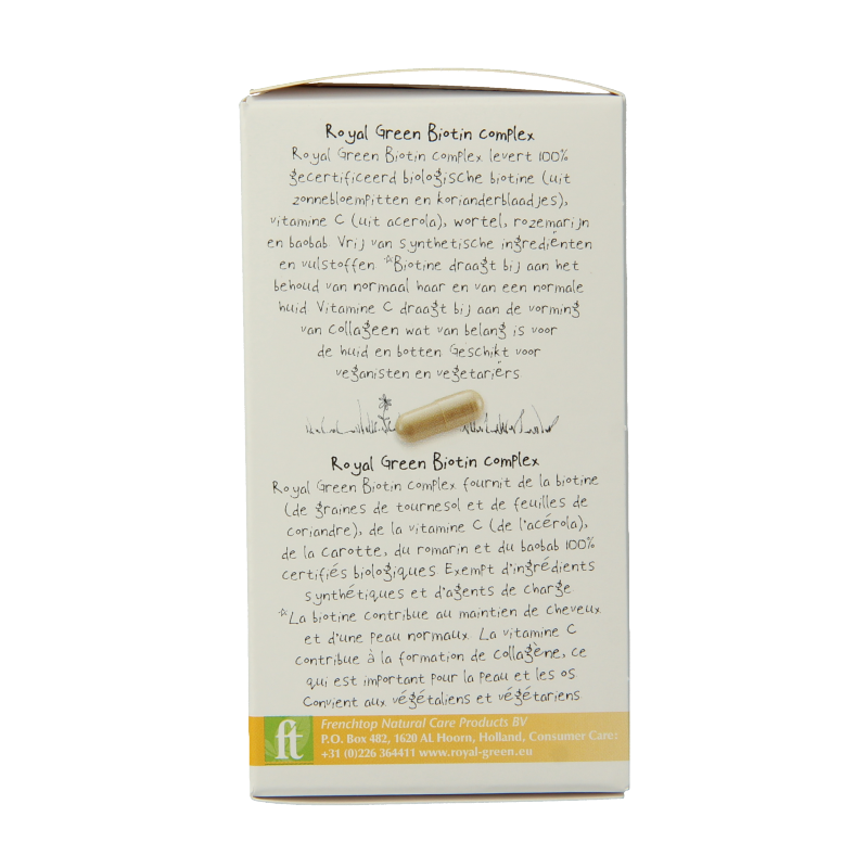 Royal Green Biotine Complex bio vegetarian capsules, 60 count, showing the supplement bottle and label details.