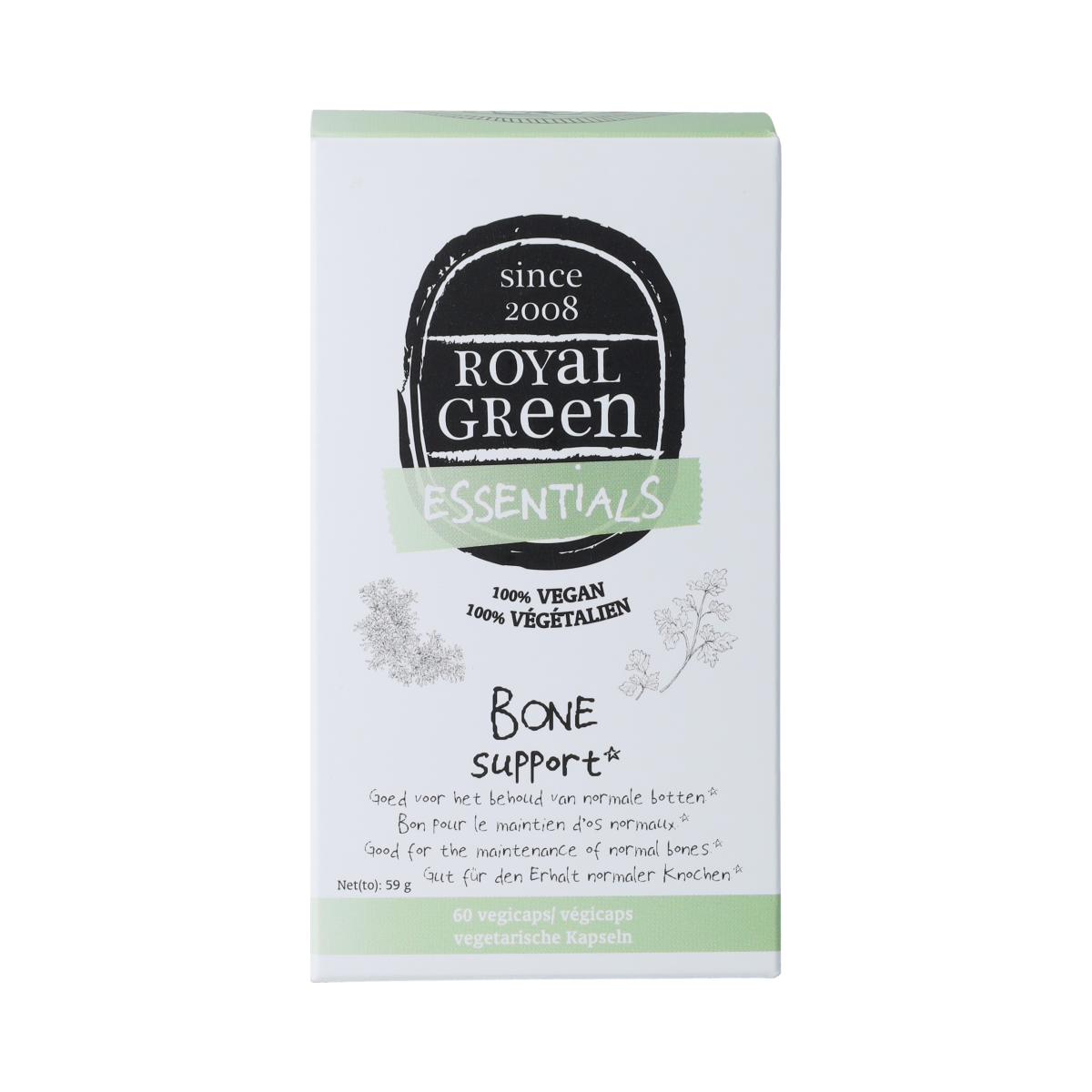 Royal Green Bone Support vegetarian capsules, dietary supplement for healthy bones, shown in a bottle with capsules inside.