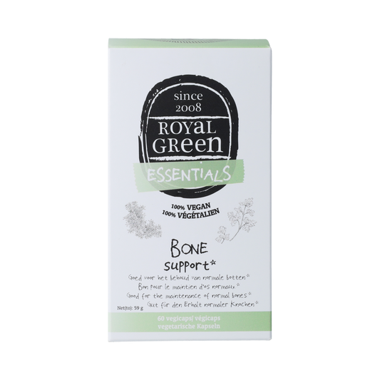 Royal Green Bone Support vegetarian capsules, dietary supplement for healthy bones, shown in a bottle with capsules inside.