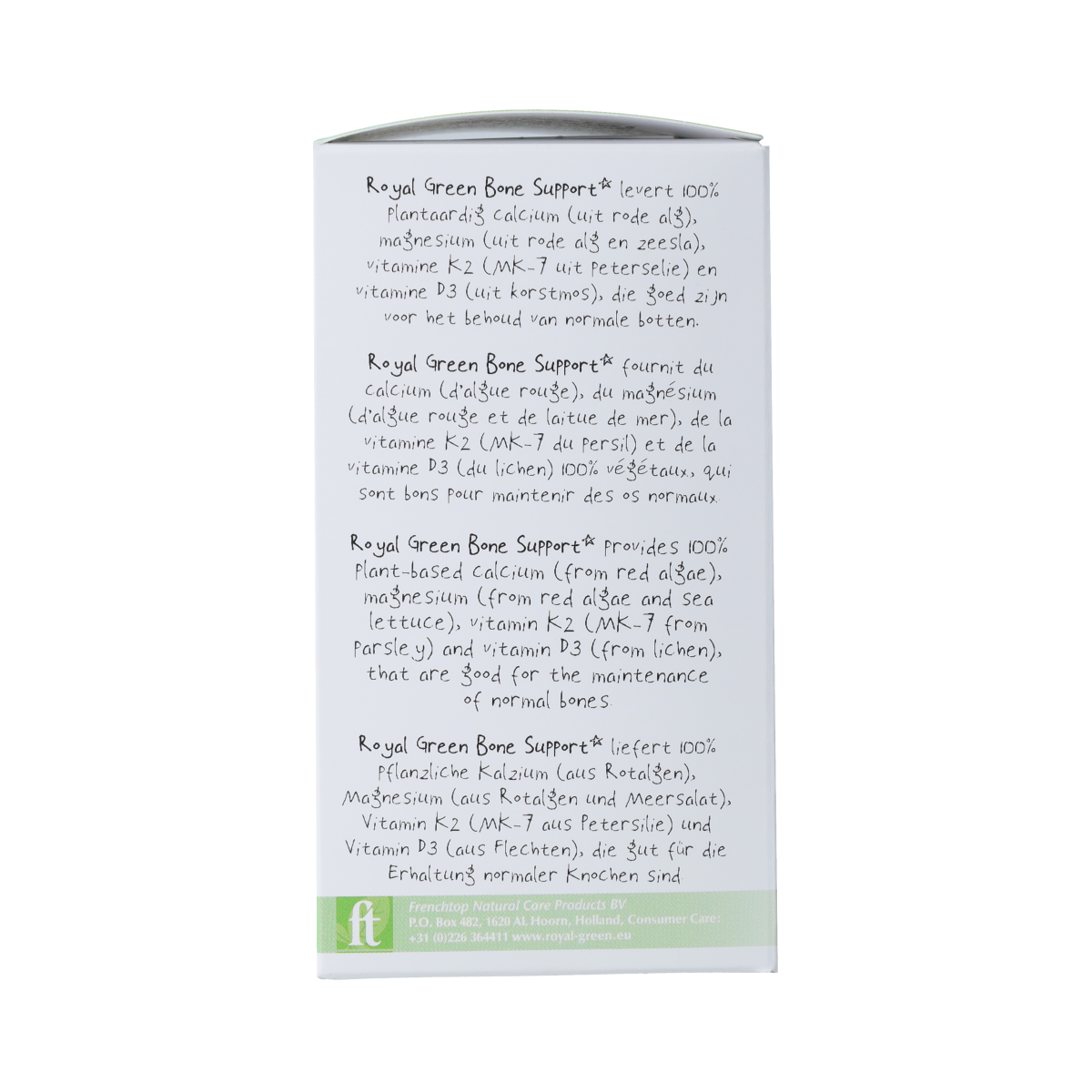 Royal Green Bone Support vegetarian capsules, dietary supplement with herbal ingredients for healthy bones and joint support.