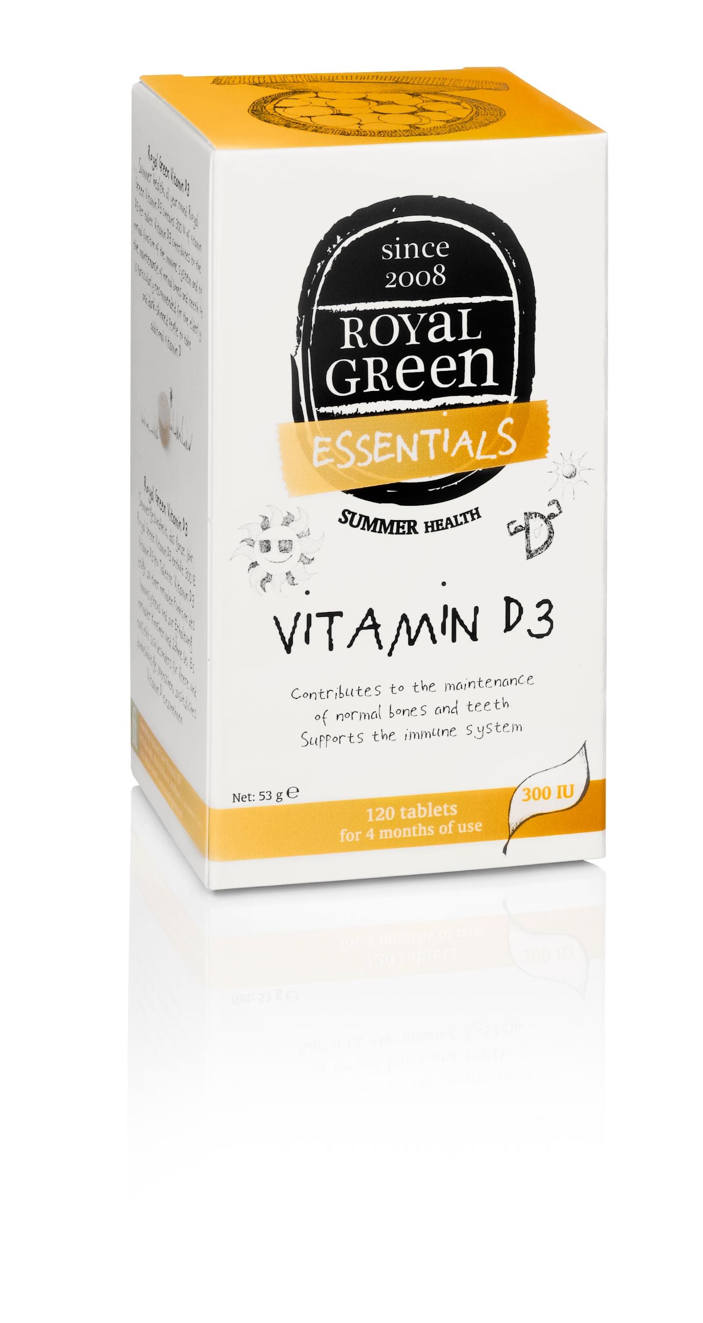 Royal Green Vitamin D3 120 tablets bottle, featuring the supplement's label and packaging for healthy vitamin D intake.