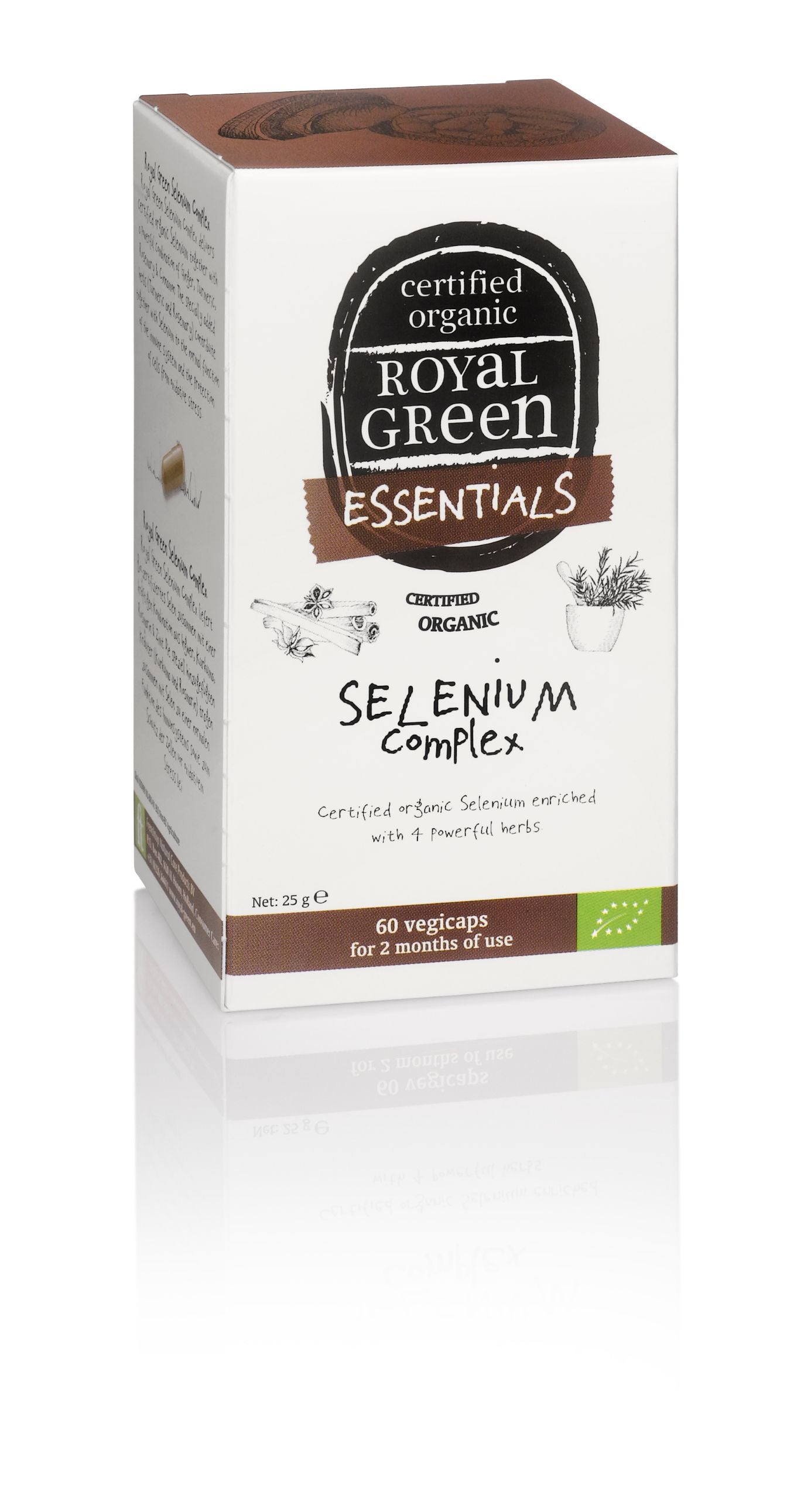 Royal Green Selenium complex bio vegetarian capsules in clear bottle, showing the product label and capsules inside.