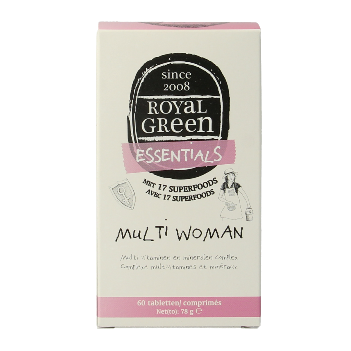 Royal Green Multi Woman vitamin tablets, colorful multi-colored pills in blister pack, dietary supplement for women.