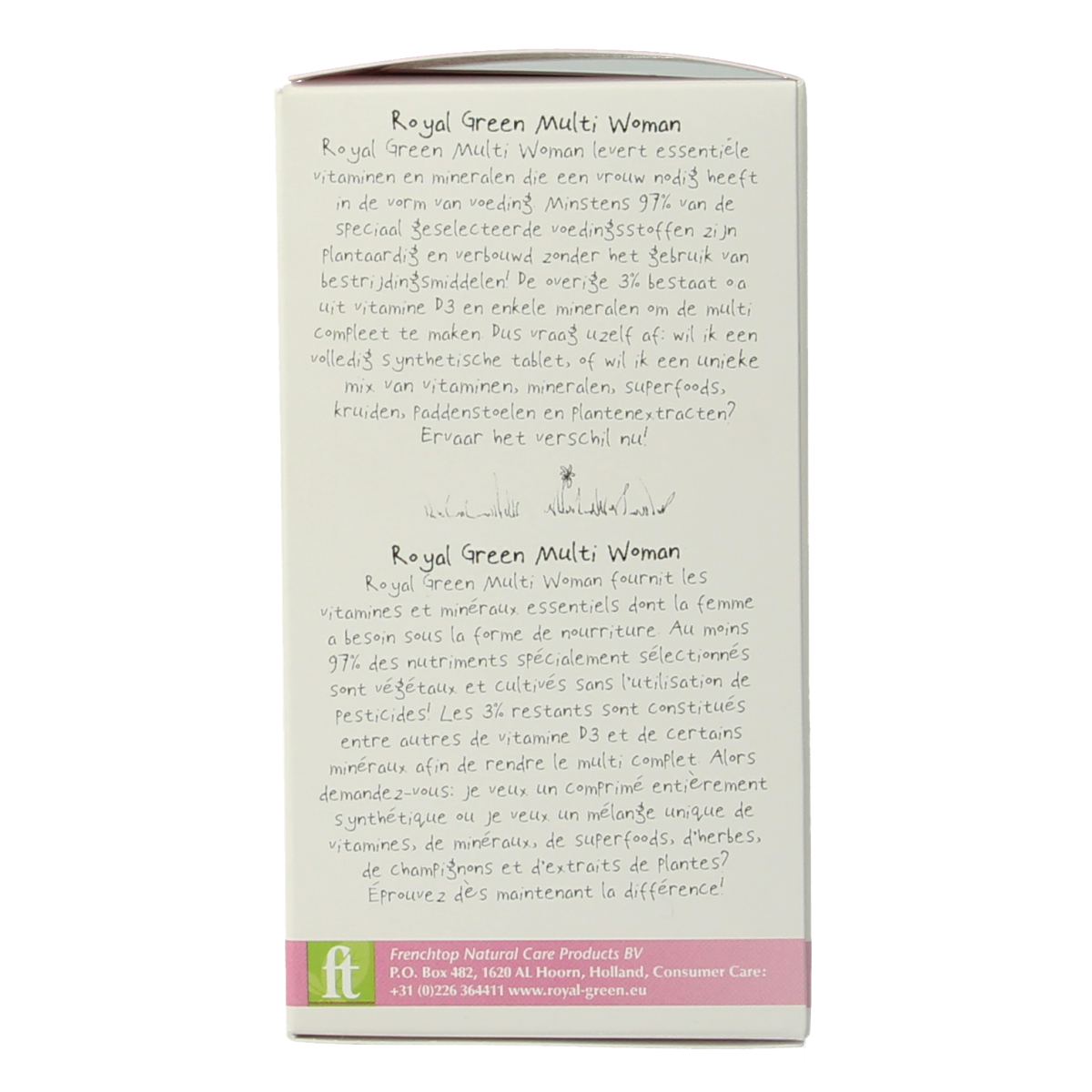 Royal Green Multi Woman multivitamin tablets, 60-count, featuring a colorful assortment of capsules and tablets in a white bottle.