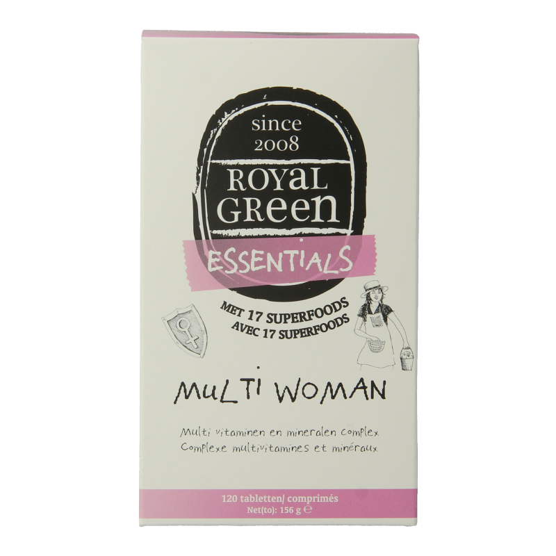 Royal Green Multi Woman 120 tablets bottle showing colorful supplement tablets and label with product details.
