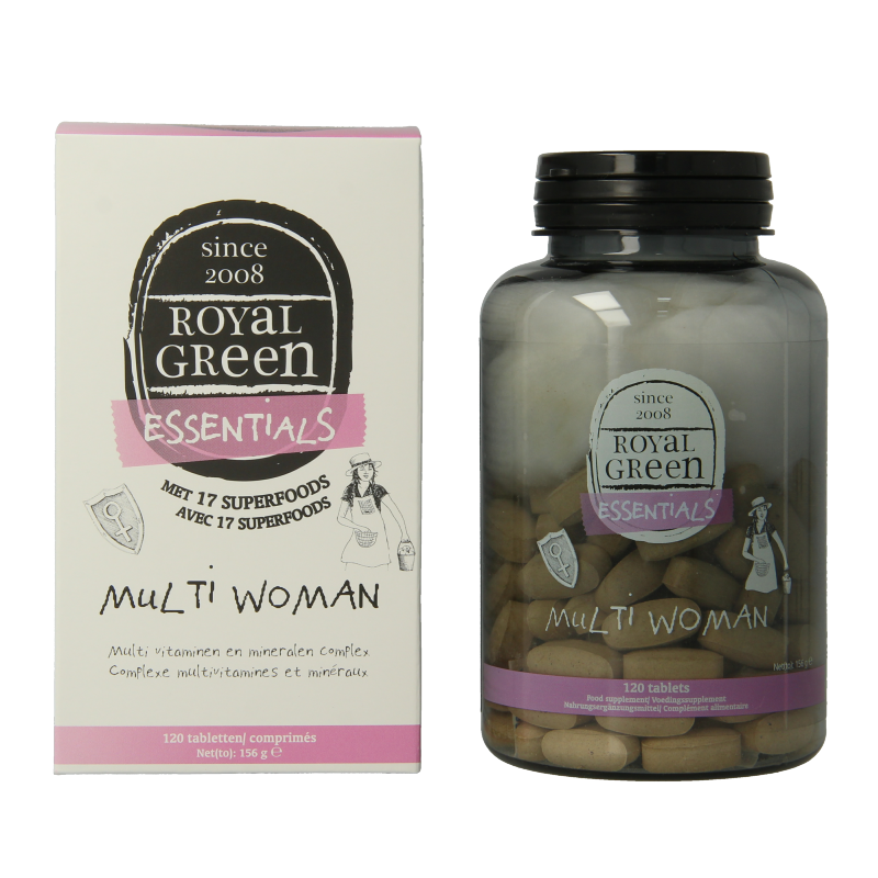 Royal Green Multi woman 120 tablet bottle with colorful label, containing multivitamins for women's health.