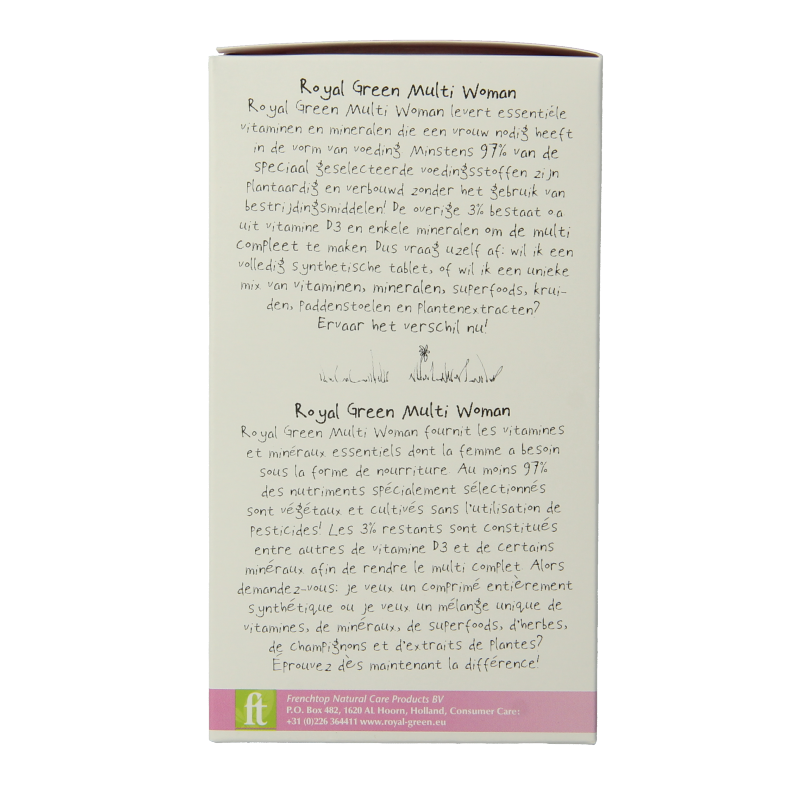 Royal Green Multi Woman 120 tablets vitamin supplement, showing colorful bottle and tablets on white background.