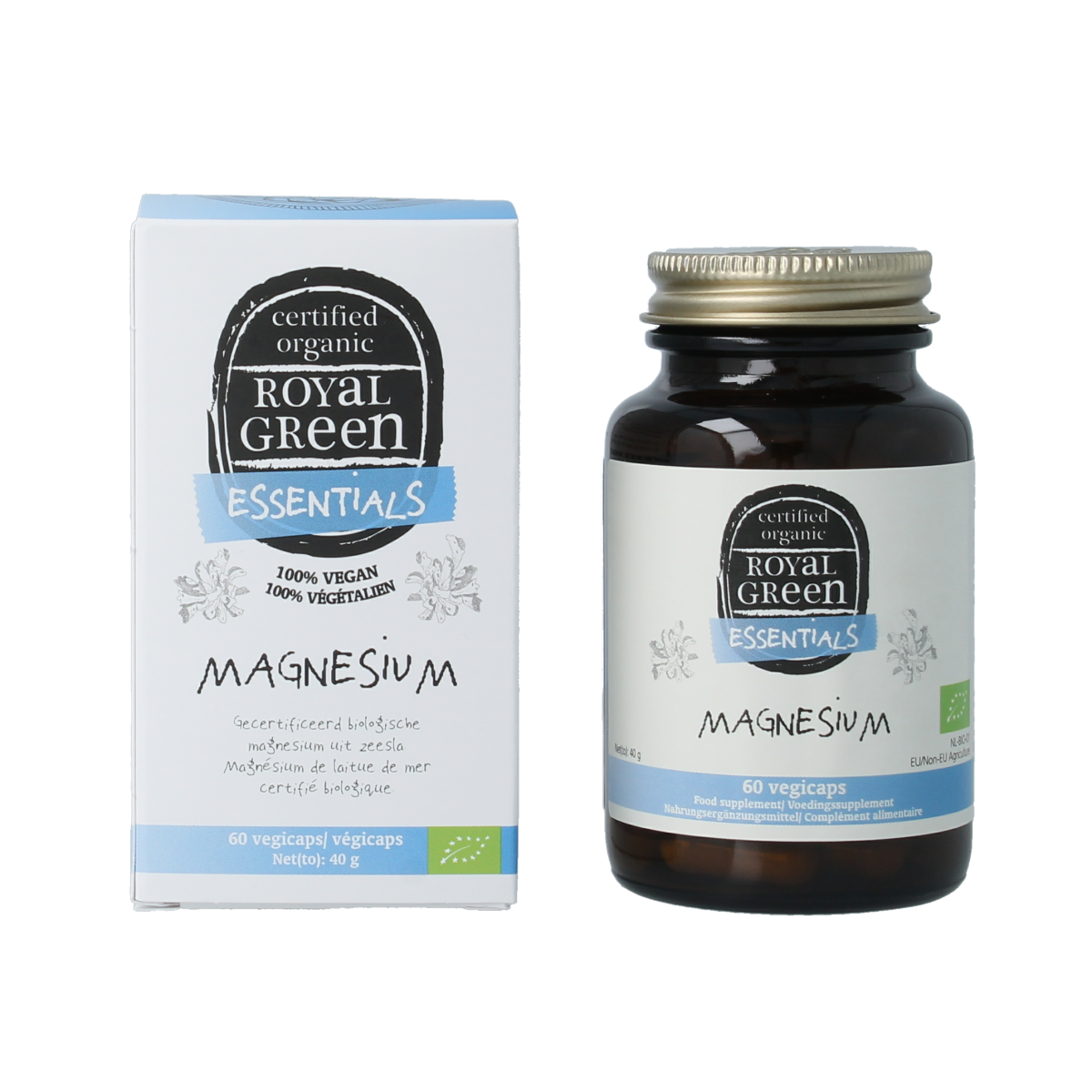 Royal Green Magnesium bio vegetarian capsules, mineral supplement, showing green capsule bottles and label details.