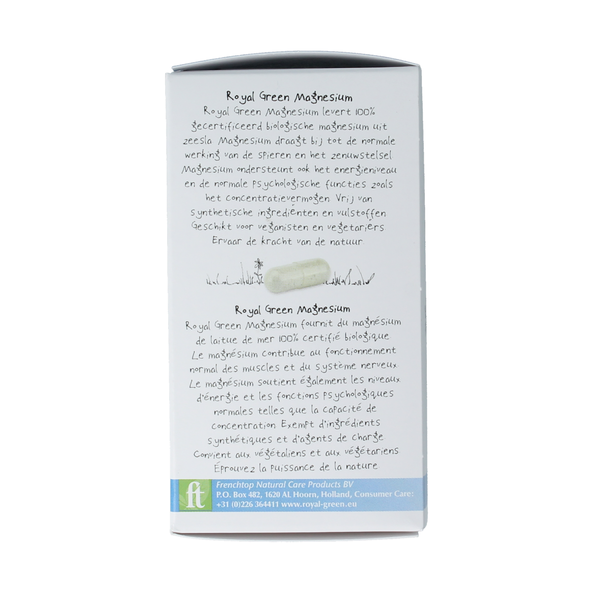 Royal Green Magnesium bio vegetarian capsules, mineral supplement, showing a close-up of the supplement bottle and capsules.