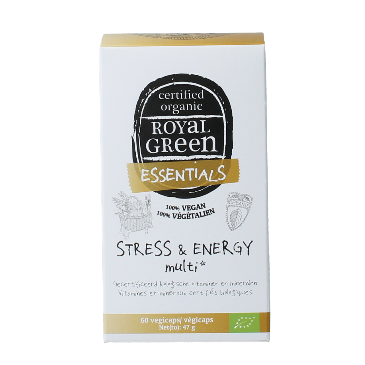 Royal Green Stress & Energy Multi Bio vegetarian capsules, dietary supplement with colorful capsules on white background.