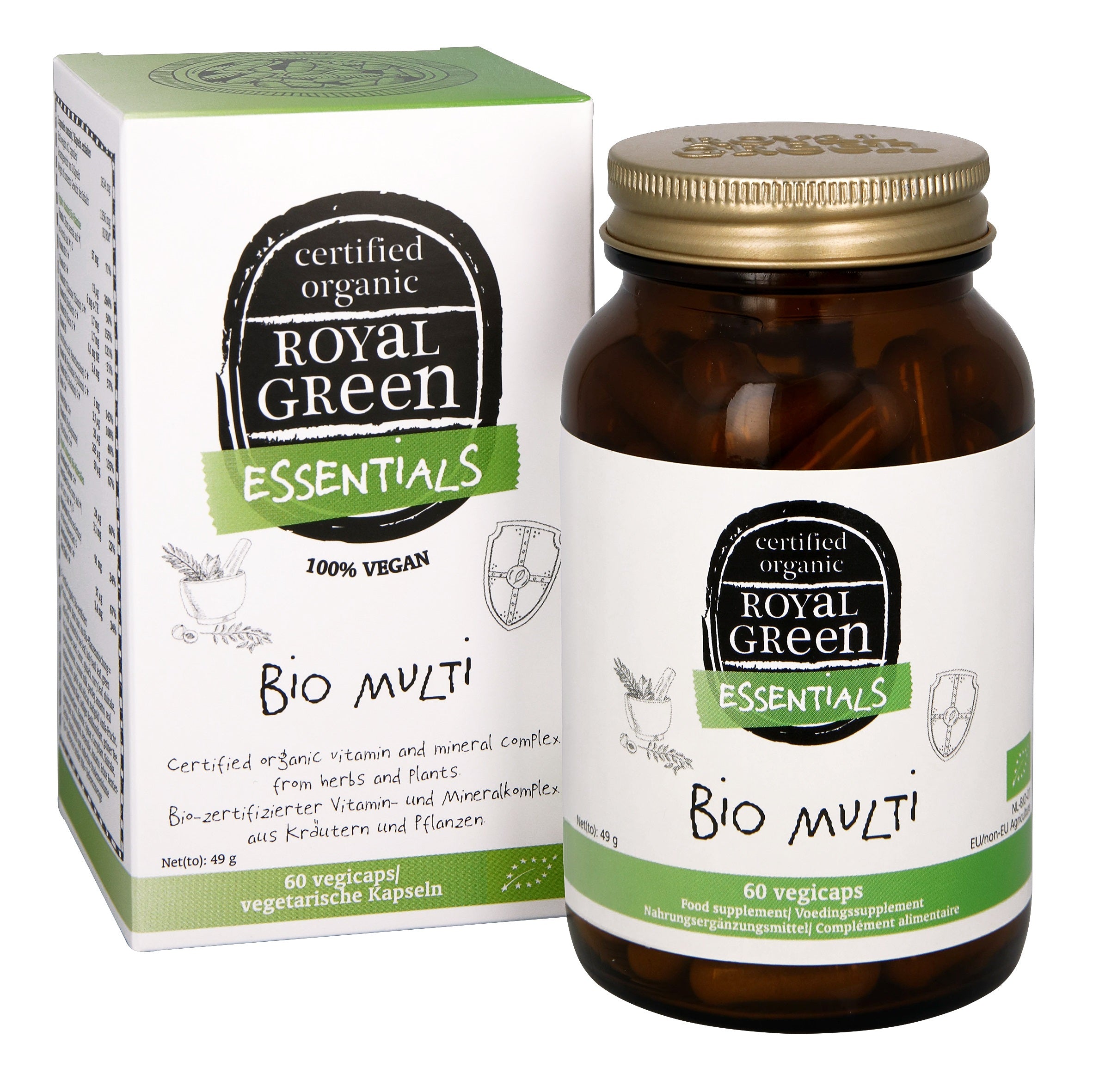 Royal Green Multi Bio vegetarian vitamin capsules in a blister pack, showing green and white capsules on a white background.