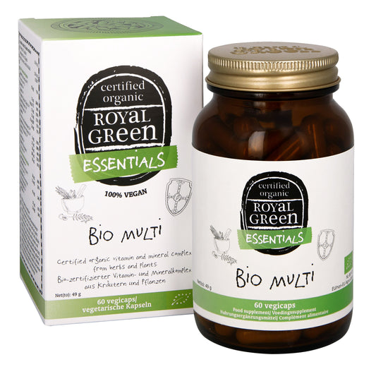 Royal Green Multi Bio vegetarian capsules, colorful multivitamin supplement in a bottle, natural dietary supplement for overall health.