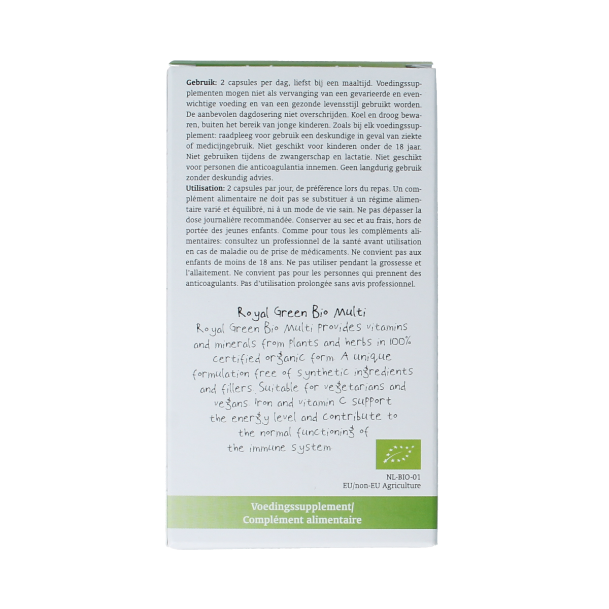 Royal Green Multi Bio vegetarian capsules, dietary supplement with colorful capsule pills for daily vitamin intake.