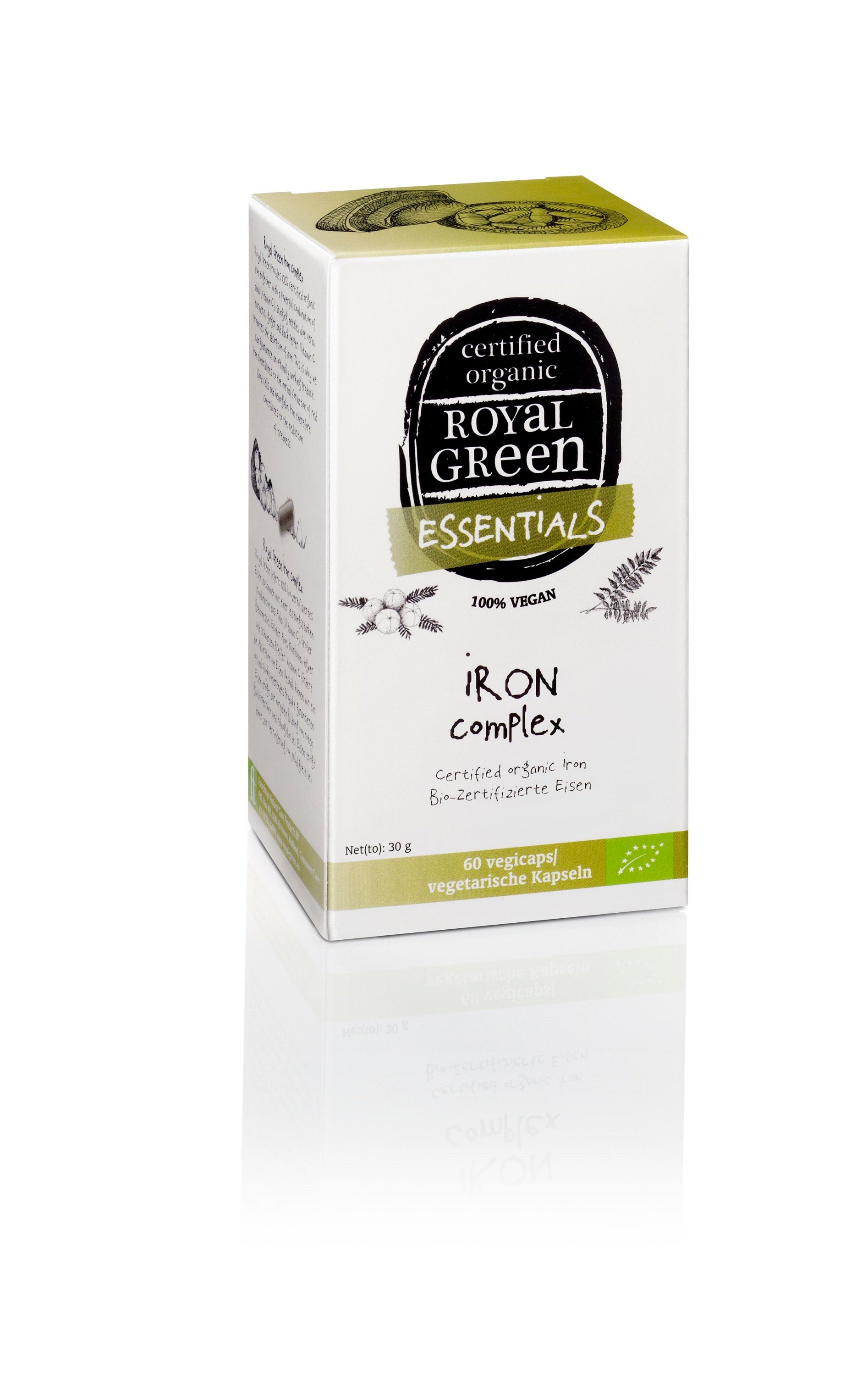 Royal Green Iron Complex bio vegetarian capsules, mineral supplement in a brown bottle with white cap.